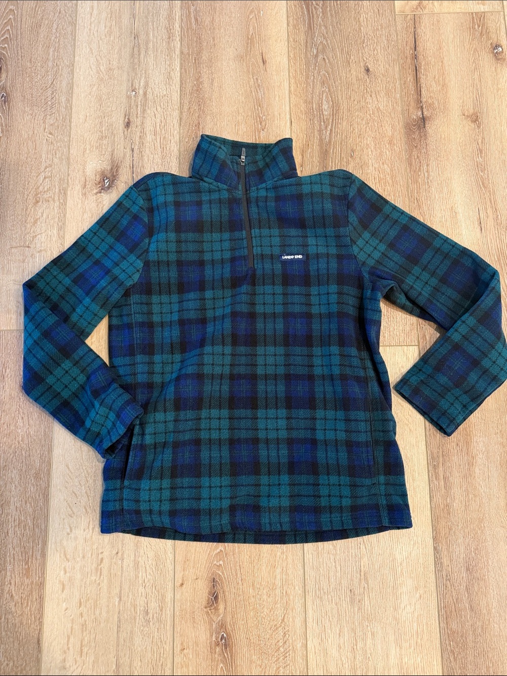 Lands' End | Green and Navy Plaid Quarter-Zip Fleece Pullover | size M